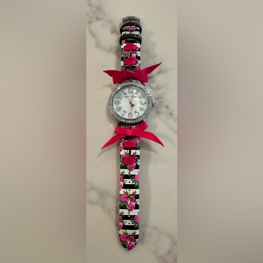 Betsey Johnson Rhinestone Floral Ribbon Watch - Pink Bow NEVER WORN!